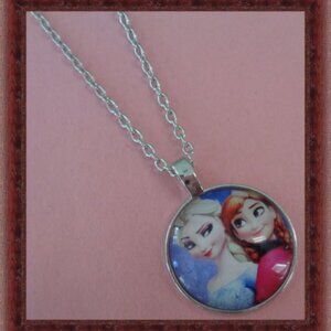 Silver Tone Frozen Anna And Elsa Theme Necklace For Girls